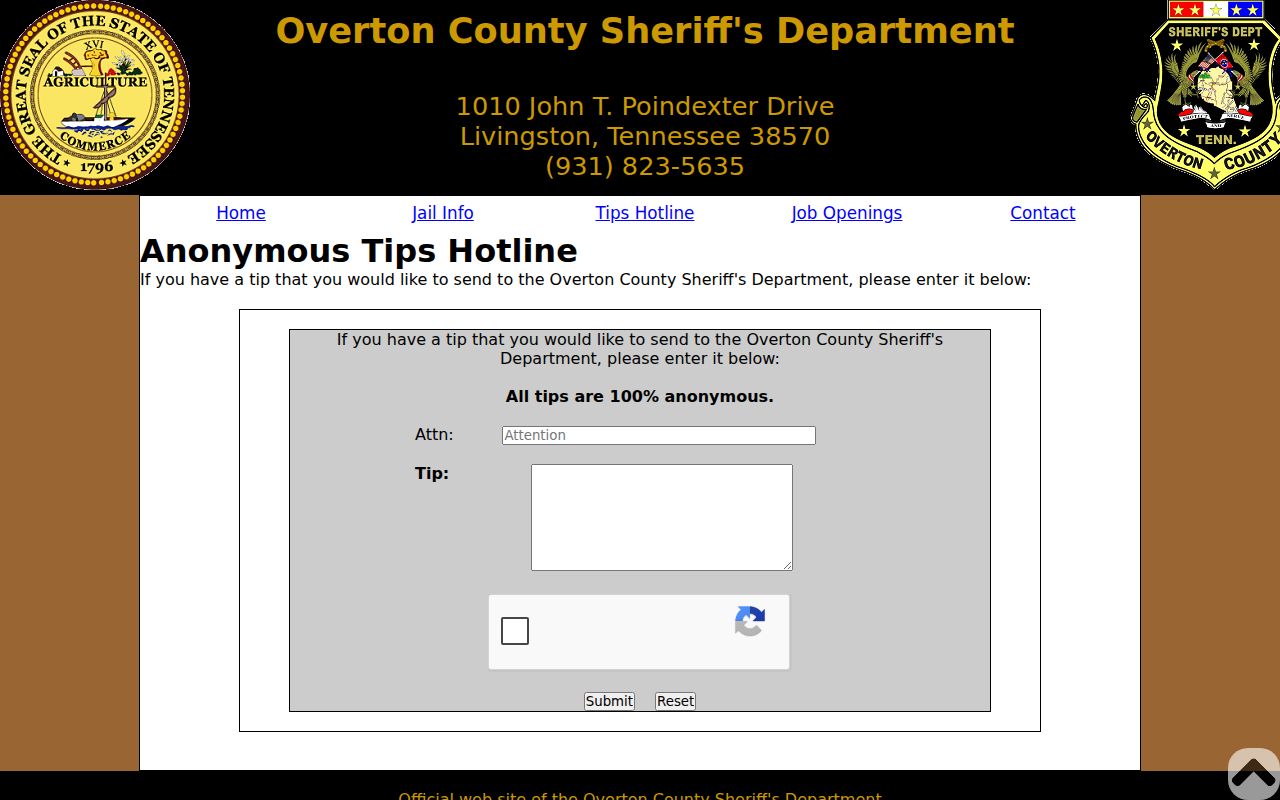 Overton County official anonymous tip form, separate from warrant lookup